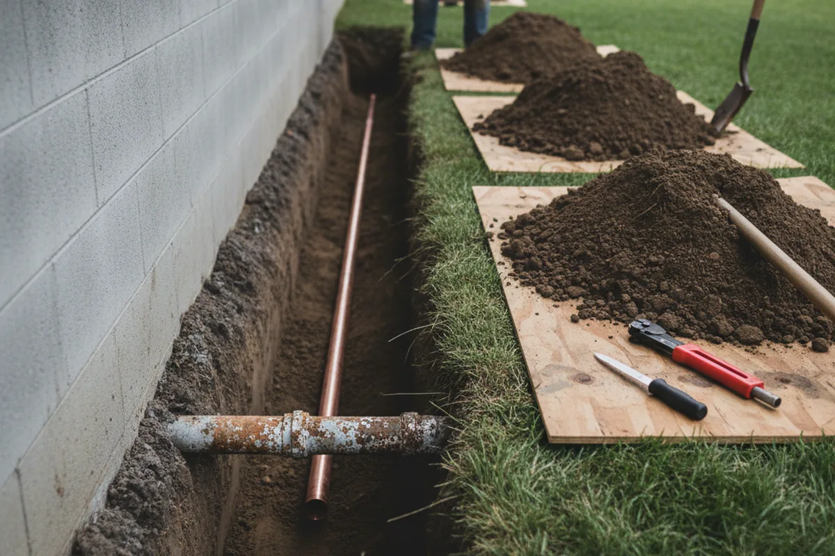 Excavated water line trench during Water Heater Repair in Waveland